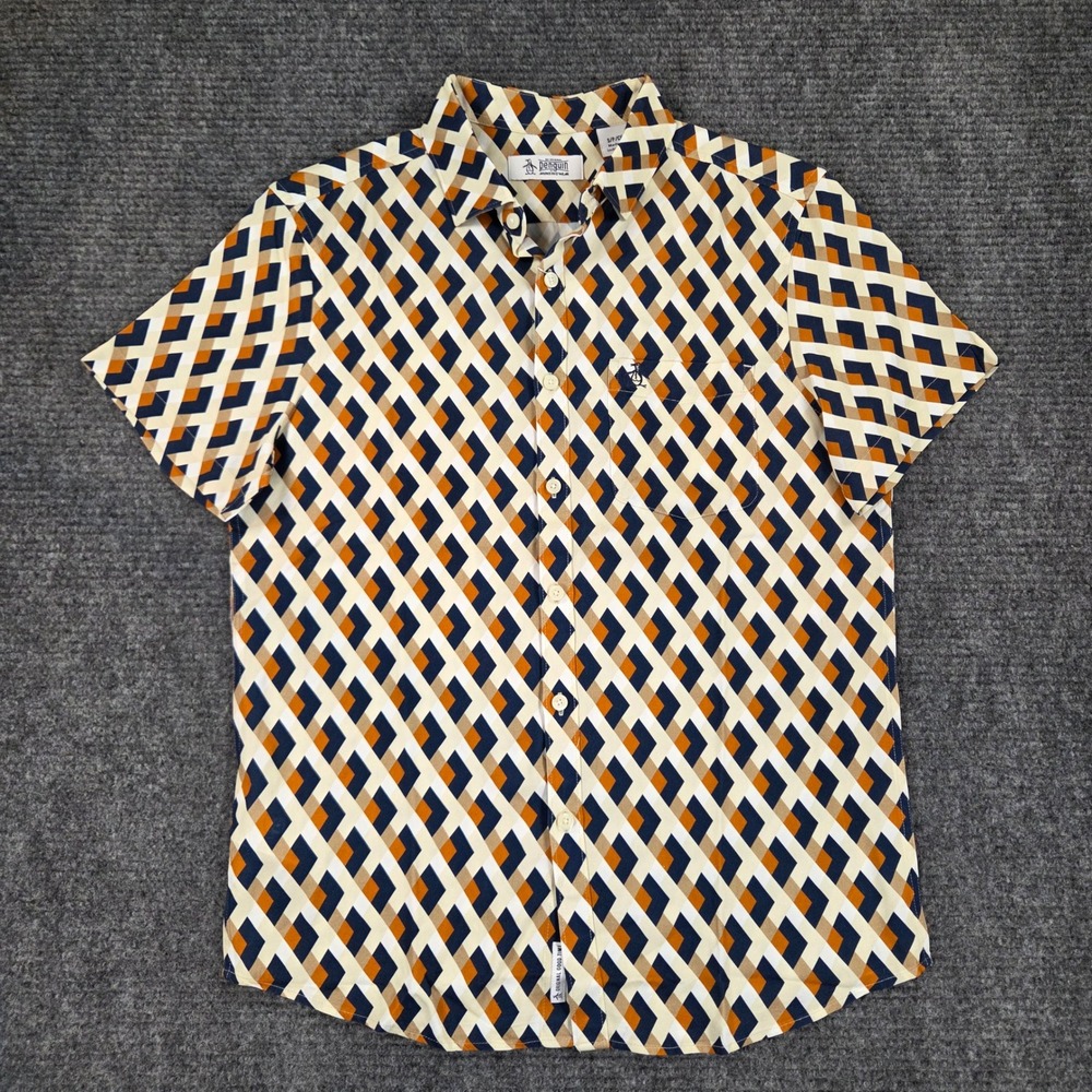 NEW Original Penguin Mens Short Sleeve Geometric Button Down Shirt Birch S